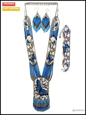 Handmade Boho Beaded Statement Necklace with Cuff & Earrings, Glass Seed Beads,